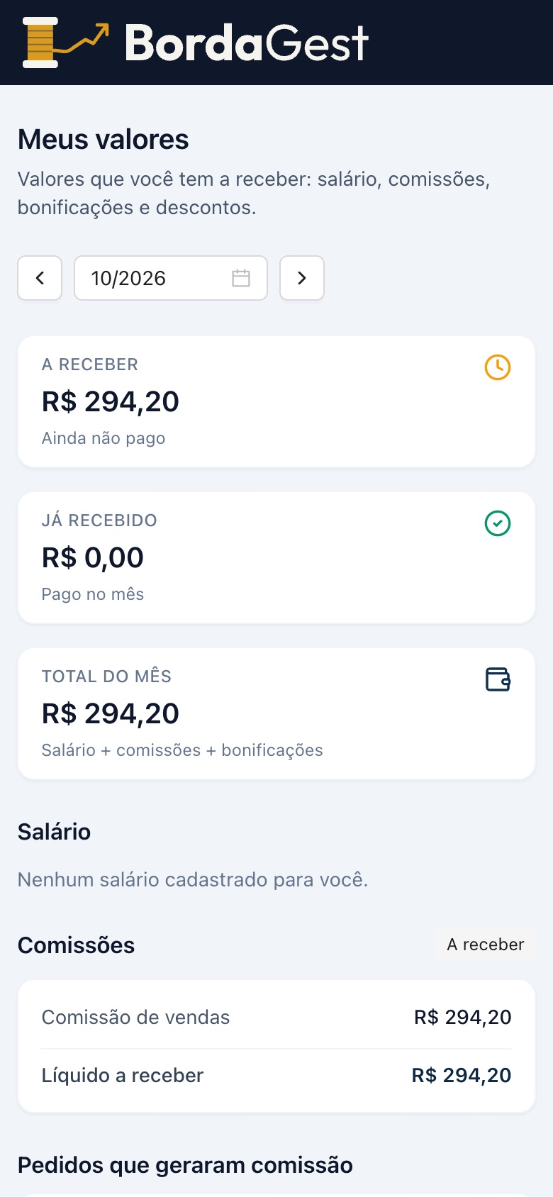 Meus valores no celular, com a comissão a receber